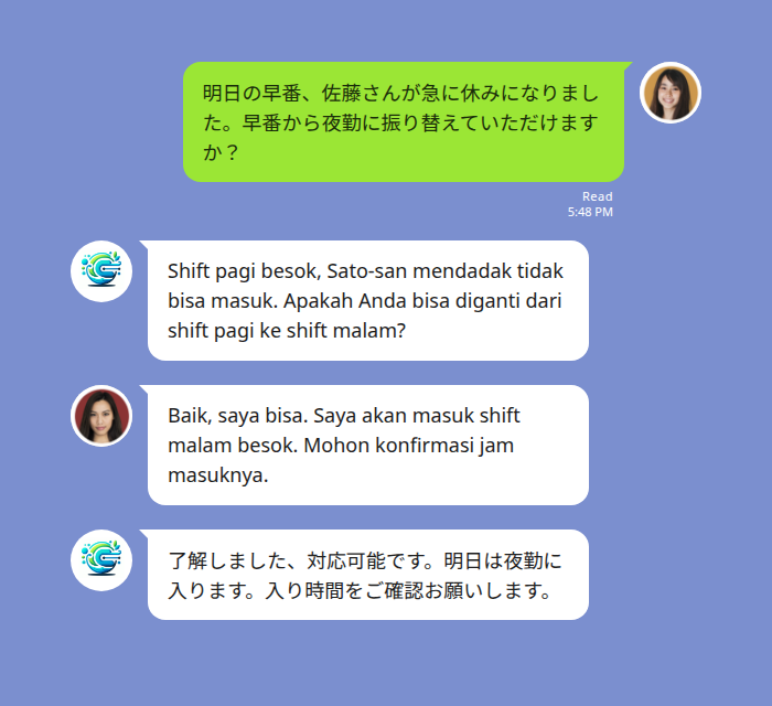 LINEグループで日本人主任がインドネシア人介護スタッフに早番から夜勤への振替を依頼するEchonora翻訳のチャットモックアップ
