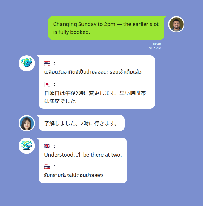 One English message translated into Thai and Japanese in a three-language LINE group by Echonora — the English organiser reschedules to 2pm, the bot posts flag-prefixed Thai and Japanese translations in a single reply, and a Japanese member’s confirmation comes back translated into English and Thai