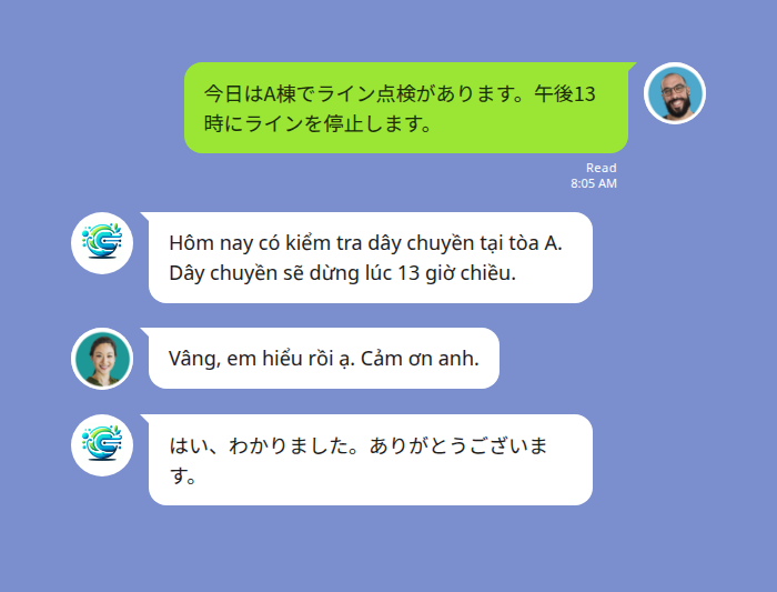 Echonoraを使ったLINEグループでの日本語・ベトナム語翻訳の様子
