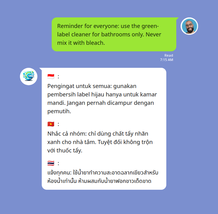 LINE chat: one English chemical-safety reminder translated simultaneously into Indonesian, Vietnamese, and Thai for a multilingual housekeeping team