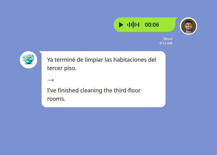 A Spanish-speaking worker sends a voice note on LINE and Echonora posts the Spanish transcription and English translation in the group thread