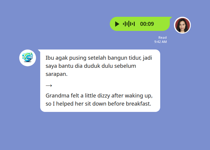 Multilingual patient communication by voice: an Indonesian caregiver sends a LINE voice note and Echonora posts the transcript with an English translation that Grandma felt dizzy after waking