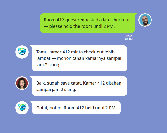 Echonora translating a hotel housekeeping LINE group message between English and Indonesian
