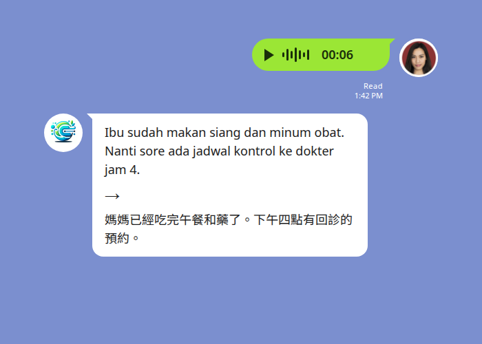 看護以印尼文語音回報長輩用餐與回診狀況,Echonora 將語音轉為文字並翻成中文