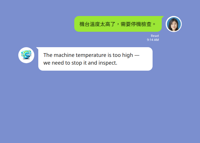 A worker's Chinese message translated to English in a LINE group thread by Echonora