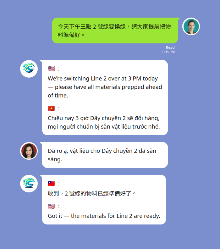 Echonora translating a message into English and Vietnamese in a 3-language LINE group