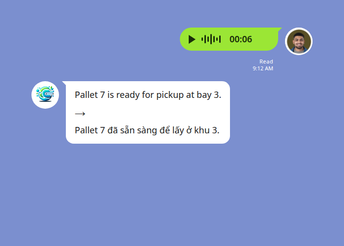 Echonora translating a LINE voice message: an English audio note transcribed and translated into Vietnamese in a group chat