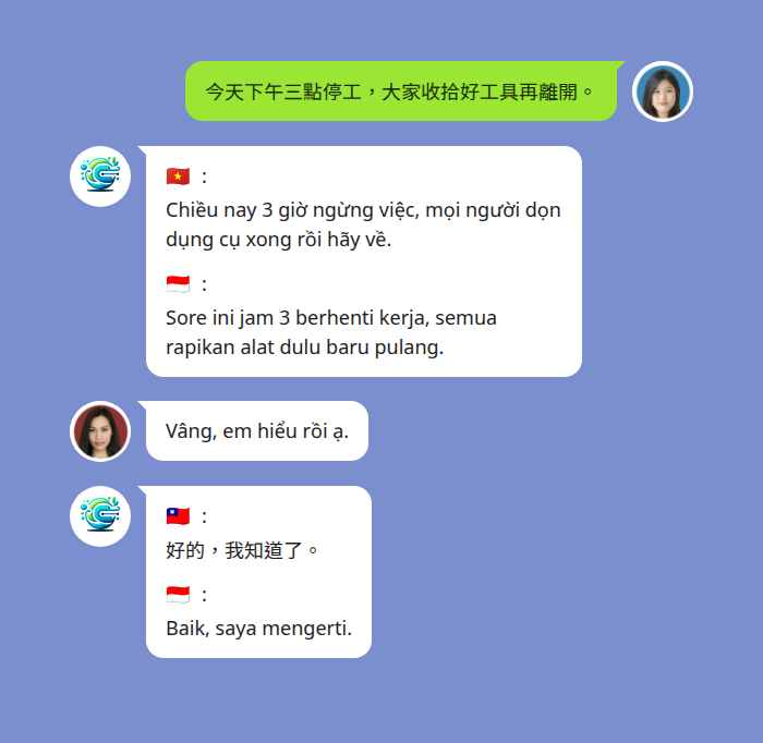 LINE 群組設定中文、越南文、印尼文三種語言後的翻譯範例 — 台灣組長用中文公告下午三點停工，Echonora 機器人補上越南文與印尼文兩種譯文；越南移工用越南文回覆後，機器人補上中文與印尼文，都不會翻回發言者自己的語言