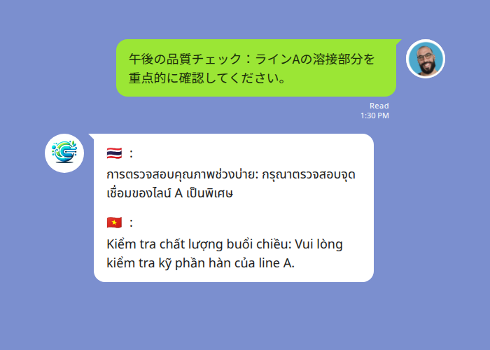 LINE タイ語翻訳 多国籍チーム品質管理の3言語同時翻訳チャット画面