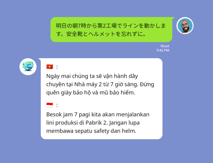 多言語LINEグループでEchonoraが日本語の業務連絡をベトナム語とインドネシア語に同時翻訳するチャット例