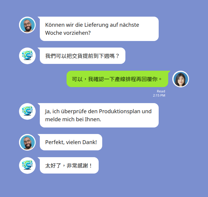 LINE 群組中德文和中文即時翻譯的聊天畫面示意，使用 Echonora 翻譯機器人
