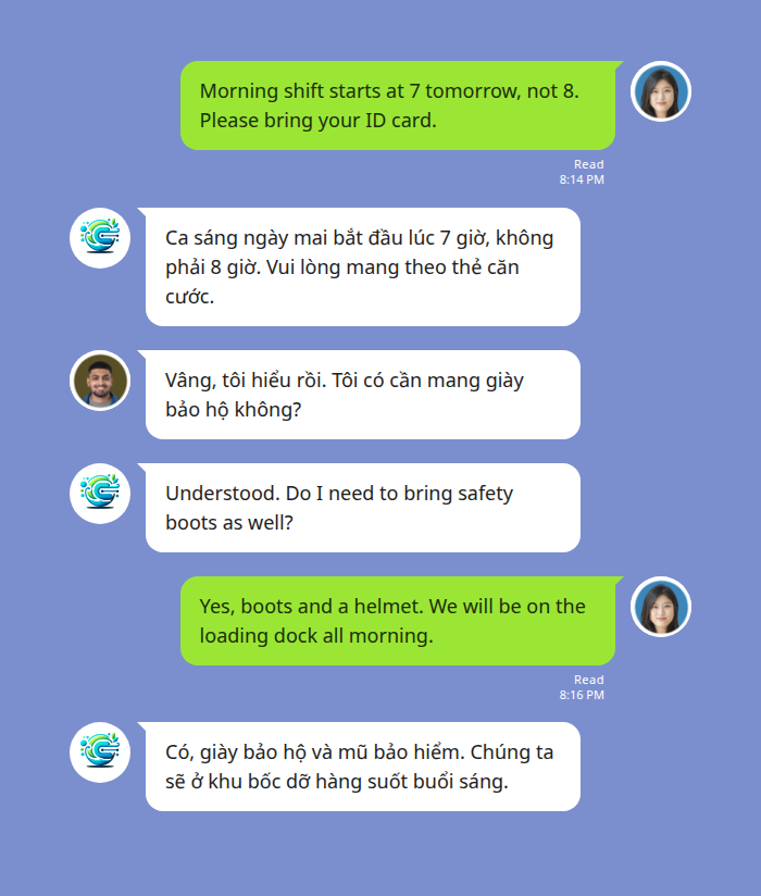 English and Vietnamese translated both ways in a LINE group chat by Echonora — a supervisor writes a shift-change message in English, the bot posts the Vietnamese translation underneath it, and the worker’s Vietnamese reply comes back translated into English