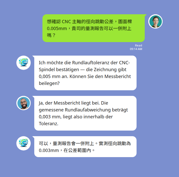 LINE 群組內中文與德文即時互譯 CNC 主軸徑向跳動公差確認