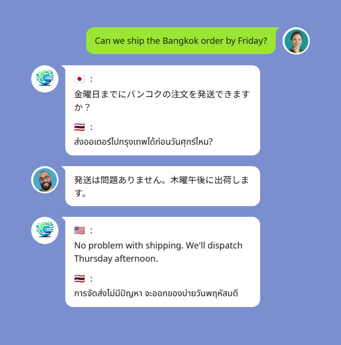 Echonora bot translating English, Japanese, and Thai messages in a LINE group chat so cross-border team members can coordinate a shipment in their own language