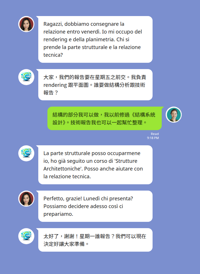 留學小組討論:台灣交換生用中文回應分工,義大利同學用義大利文討論期末報告 deadline,雙向即時翻譯