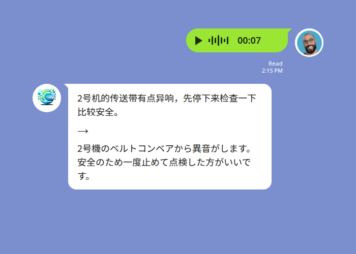 中国語の音声メッセージが文字起こしと日本語訳で表示される例