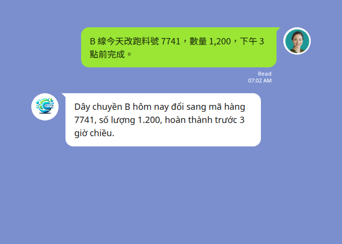 LINE 打字翻譯：班長用中文輸入精確料號與數量，Echonora 機器人翻成越南文