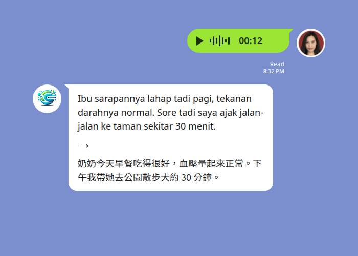 印尼看護用 LINE 語音訊息回報照護現場，Echonora 即時翻成中文