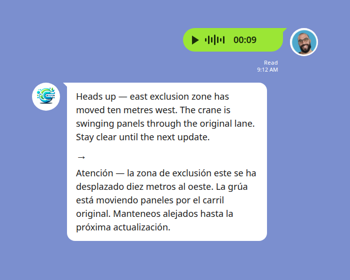 A foreman sends a LINE voice note about a moved exclusion zone; the bot replies with the English transcript and the Spanish translation stacked beneath the voice file.