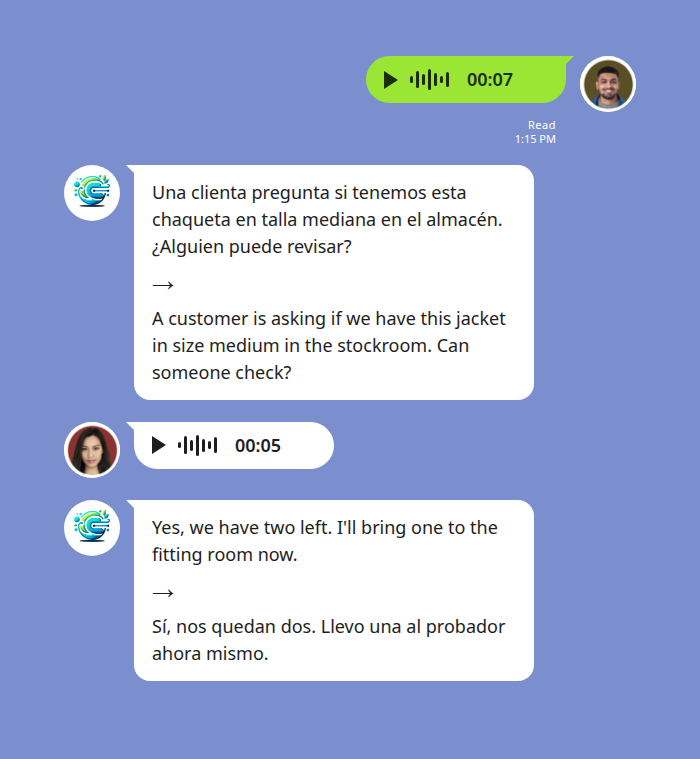 Retail floor staff sending a Spanish voice note about a customer stock request, translated to English for the team in seconds