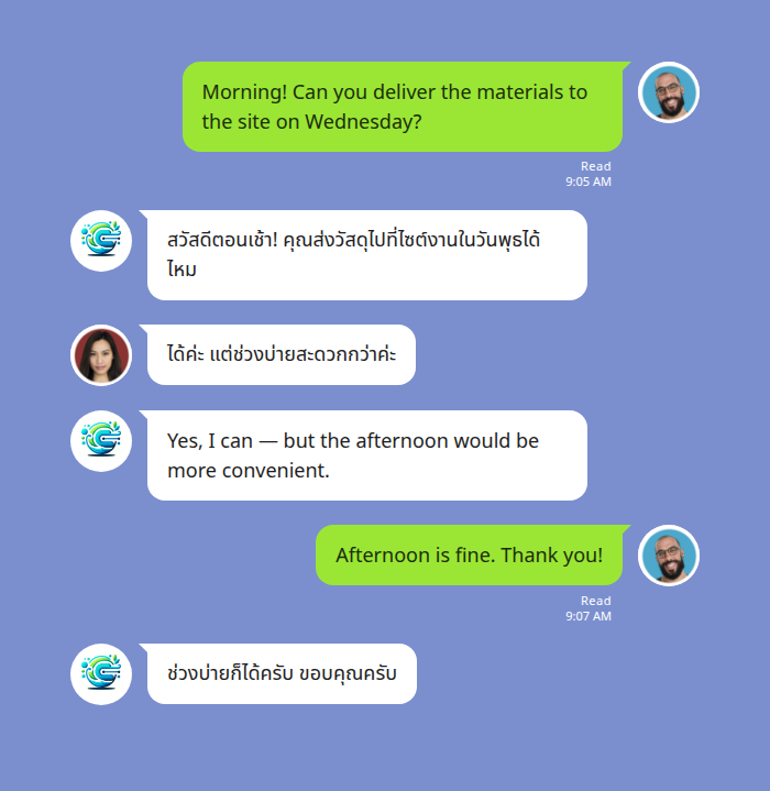English and Thai translated both ways in a LINE group chat by Echonora — an English speaker asks whether materials can be delivered to the site on Wednesday, the bot posts the Thai translation underneath, and the Thai supplier’s reply suggesting the afternoon comes back translated into English