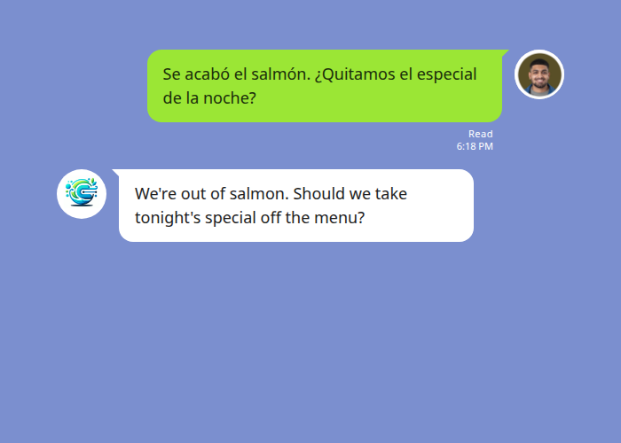 Spanish-speaking kitchen staff messages the manager in a LINE group about running out of salmon — Echonora translates to English in real time