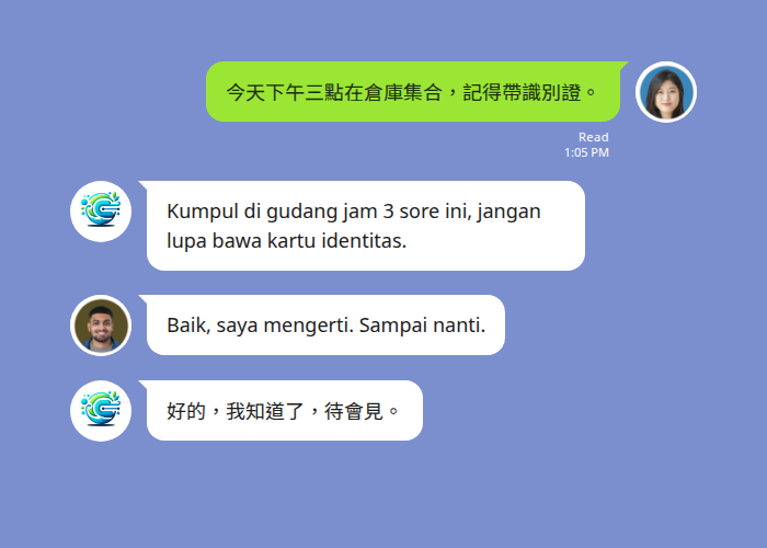 LINE 群組裡的中文訊息即時翻譯成印尼文 — 雇主用中文公告「今天下午三點在倉庫集合，記得帶識別證」，翻譯機器人在同一個群組貼出印尼文譯文，印尼籍員工用印尼文回覆「Baik, saya mengerti」後再翻回中文