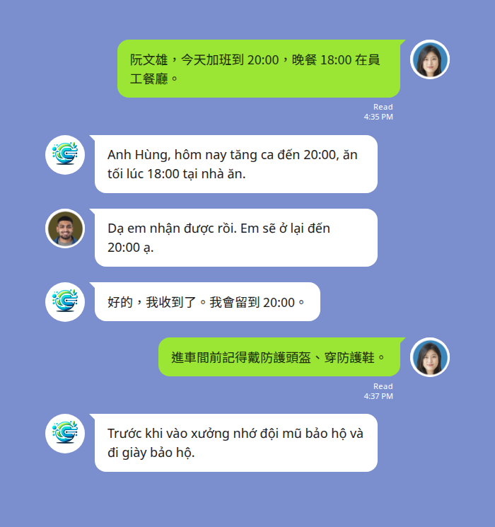 台灣工廠 LINE 群組裡的中文加班公告自動翻譯成越南文 — 現場主管以中文指名通知越南籍作業員今天加班到 20:00、晚餐 18:00 在員工餐廳，Echonora 機器人在同一個群組貼出帶完整聲調符號的越南文譯文，員工以越南文回覆確認會留到 20:00 後再翻回中文，主管接著提醒進車間要戴防護頭盔與防護鞋