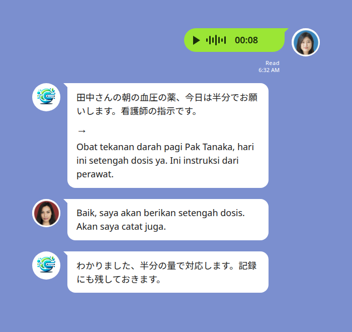 介護施設の主任が静かな廊下から朝の服薬指示を短い音声でインドネシア人介護スタッフに伝える Echonora の翻訳例