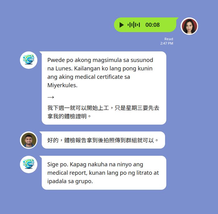菲籍求職者以語音回報可上工時間，Echonora 轉寫菲律賓語並附上中文翻譯