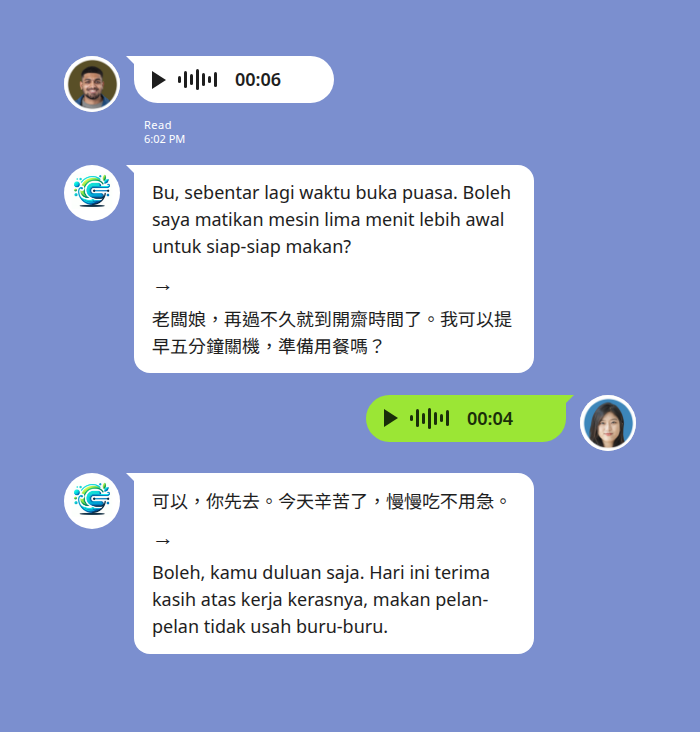 印尼籍員工在 LINE 群組傳出印尼文語音訊息，Echonora 機器人先顯示印尼文逐字稿再翻成繁體中文 — 員工詢問開齋時間快到能否提早五分鐘關機準備用餐，雇主也用中文語音說可以，機器人再把中文翻成印尼文