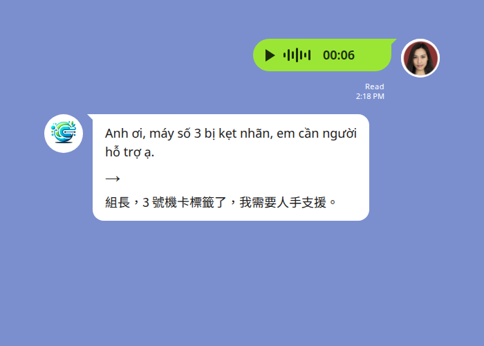 Echonora transcribing a Vietnamese voice note and translating it to Chinese in a LINE group