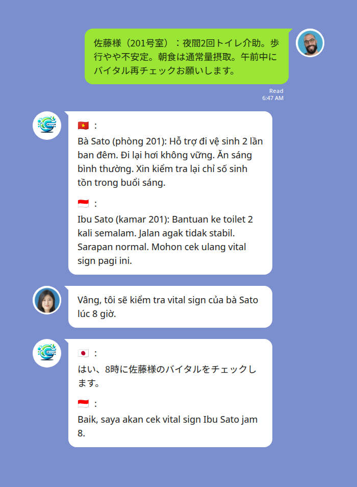 介護施設の朝の申し送り — 日本語からベトナム語・インドネシア語への同時翻訳（Echonoraチャットモックアップ）