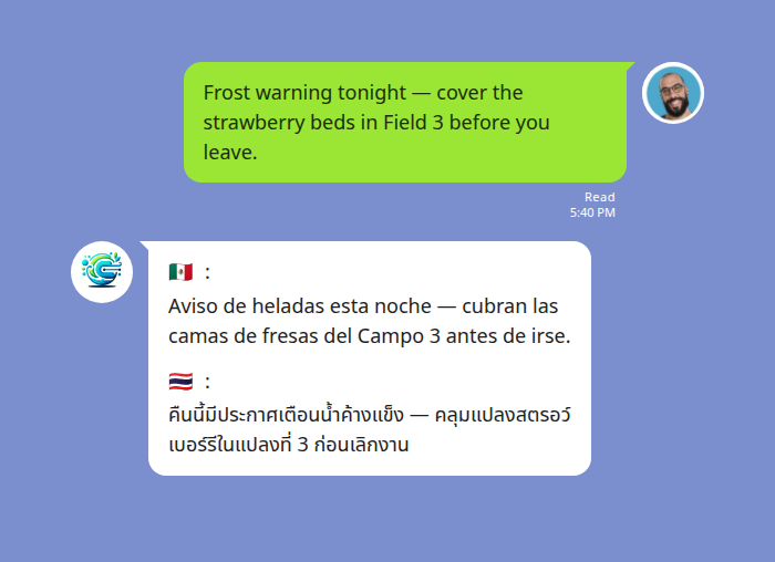 Farm supervisor's English message translated into Spanish and Thai in a LINE group chat by Echonora