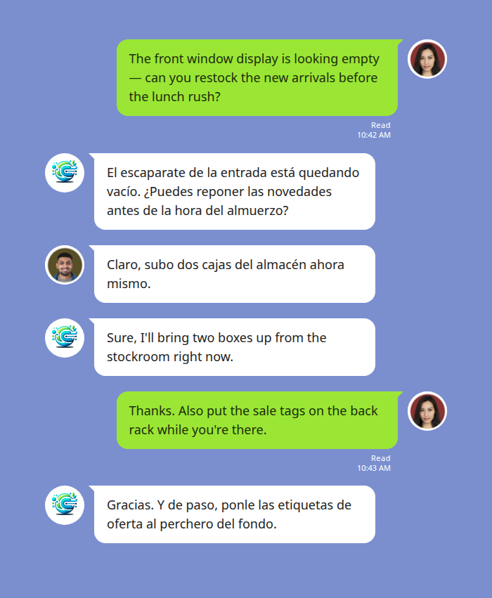 Retail store team chat translating an English restock instruction into Spanish in real time