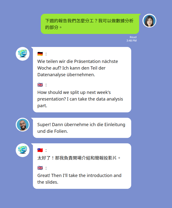 多國讀書小組:台灣留學生用中文提議報告分工,德國同學看到德文、國際同學看到英文,三語即時翻譯