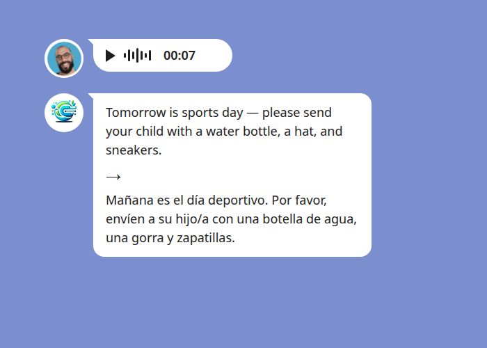A teacher's English voice note in a LINE group transcribed and translated into Spanish text by Echonora, showing what to bring for sports day