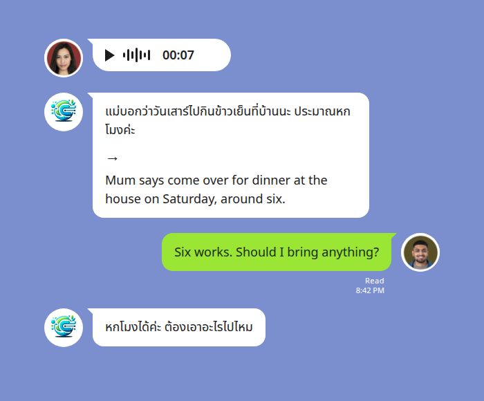 A Thai voice message translated into English in a LINE group by Echonora — a Thai speaker sends a seven-second voice note, the bot posts the Thai transcription above an arrow with the English translation below it, and the English reply that follows is posted back in Thai