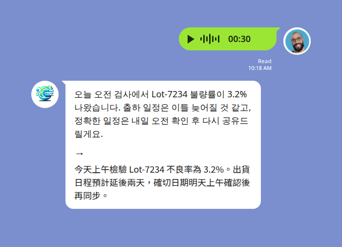 韓國工廠 PM 傳 30 秒韓文語音回報品管不良率與出貨延誤，Echonora 自動轉文字並翻譯成繁體中文的範例對話