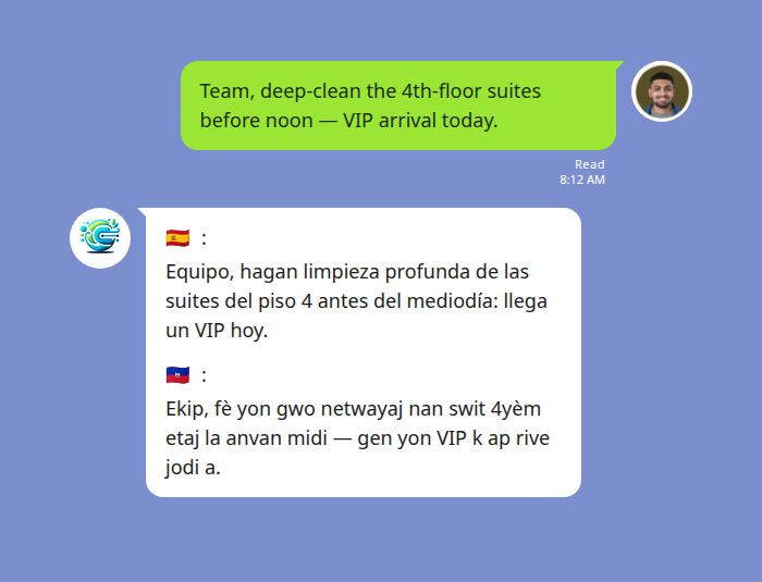 LINE group chat: an English-speaking supervisor posts a VIP deep-clean instruction for the 4th-floor suites; Echonora translates it into Spanish and Haitian Creole in a single reply so a mixed-language housekeeping team all read the same task.