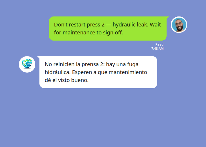 Echonora translates an English workplace safety instruction into Spanish in a LINE group chat