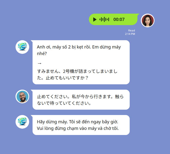 工場の LINE グループで、ベトナム人オペレーターが7秒のボイスメッセージを送信し、翻訳ボットがベトナム語の書き起こし「Anh ơi, máy số 2 bị kẹt rồi. Em dừng máy nhé?」と、その下に矢印を挟んで日本語訳「すみません、2号機が詰まってしまいました。止めてもいいですか？」を一つの吹き出しで表示。続いて日本人の班長が「止めてください。私が今から行きます。触らないで待っていてください」と日本語で返し、そのベトナム語訳がグループに投稿されている様子