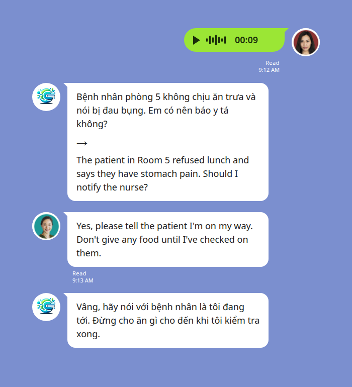 Care aide sends a Vietnamese voice note reporting a patient change; the nurse reads the English translation and replies in the same thread