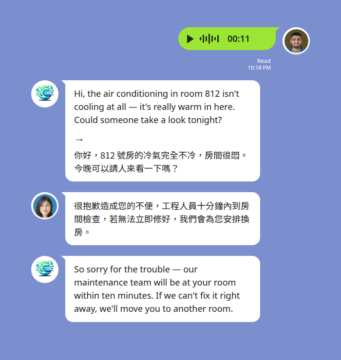 飯店房客的英文語音客訴在 LINE 群組被轉成文字並翻譯成中文 — Echonora 機器人先顯示英文逐字稿反映 812 號房冷氣不冷、希望今晚有人來看,箭頭下方是中文翻譯,值班經理以中文回覆道歉並說明工程人員十分鐘內到房、必要時安排換房,訊息再翻成英文回給旅客